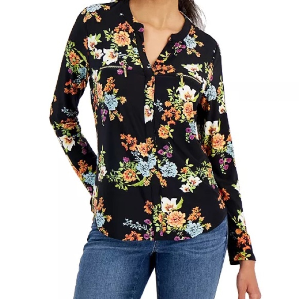 INC International Concepts Black Floral Blouse